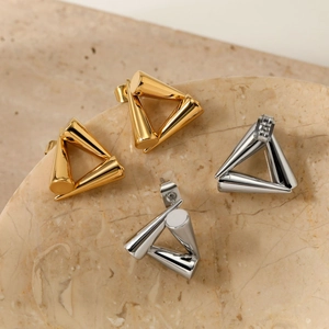 Minimalist geometric triangle stud earrings in gold and silver plating on stone