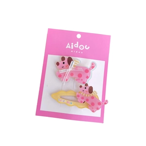 Cartoon acrylic puppy hair clip set with pink spots and Lucky Dog text for girls