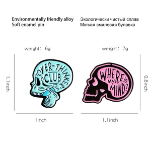 Punk style colorful skull enamel pins featuring Over-thinker text with product dimensions