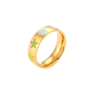 Gold plated stainless steel ring with colorful star patterns on white background