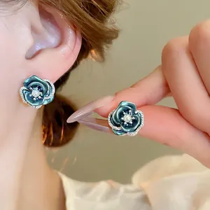 Deep blue rose flower stud earrings with white pearl and silver zircon accents