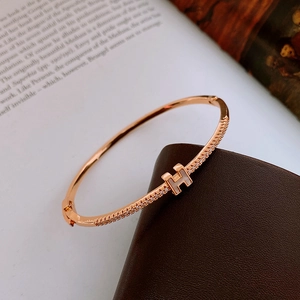 Detail view of gold-plated bracelet with H logo and sparkling crystals