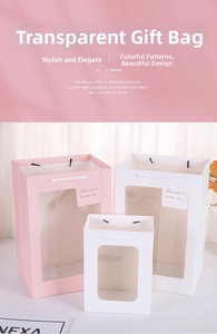 Three-piece set of transparent window gift bags with sturdy handles in pink and white