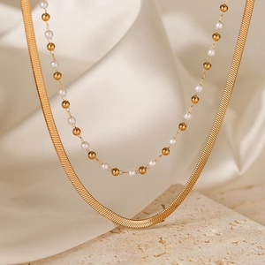 304 Stainless Steel 18K Gold Plated Minimalist Commute Beaded Plating Solid Color Layered Necklaces Pendant Necklace