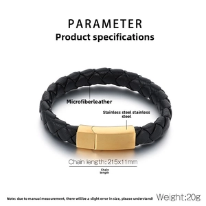Detail view of woven microfiber leather bracelet with size 215mm and 11mm width dimensions