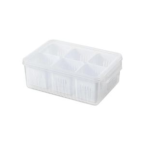 Clear plastic kitchen food storage container with lid and compartments for onion and garlic.
