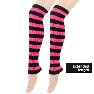 Detail of extra long knitted leg warmers with black and pink stripes for fashion