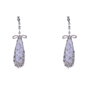 Silver bow water drop earrings with zircons and silver foil accents for a luxury look