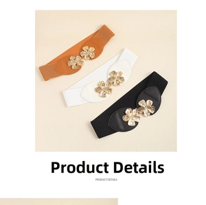 Close-up of elastic waist belts featuring leaf-shaped leather and gold floral metal buckles