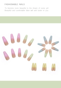 Detail of long ballerina press-on nails with rainbow macaron gradient and French tips