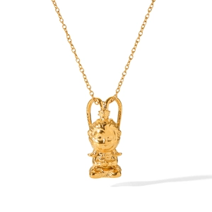 3D Sun Wukong pendant necklace in 18K gold plated stainless steel on white background