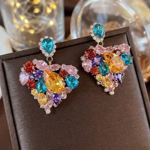 Luxurious heart shaped silver needle earrings with colorful zircon and crystal inlay