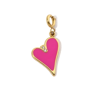 Detailed view of pink enamel heart pendant with gold plating and two white rhinestones