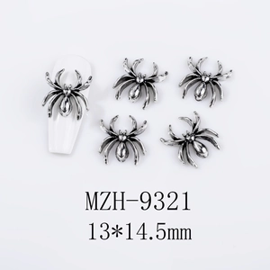 Detailed view of retro silver spider nail art charms with dimensions 13 by 14.5mm