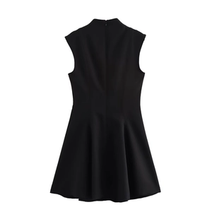 Rear view of black sleeveless crepe mini dress featuring a concealed back zipper