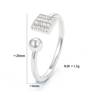Detail view of silver micro-pave zircon ring with dimensions 20mm height and 1.5g weight