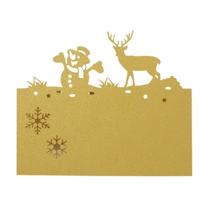 Detail of laser-cut gold Christmas table cards featuring reindeer and snowflake designs