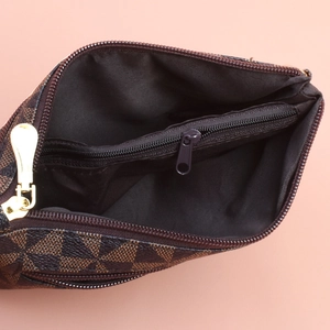 Classic checkered brown PU leather clutch bag with zipper closure and spacious interior