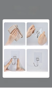 Detailed four-step installation guide for transparent adhesive wall hooks on a clean surface