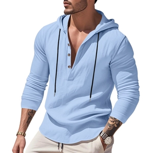 Close-up of light blue linen hoodie shirt with three-button placket and black drawstrings