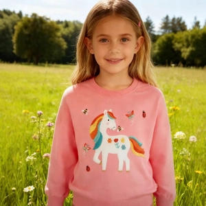 Girls Long Sleeve Sweatshirt Combed Cotton Unicorn Rainbow Embroidery Round Neck Pullover Tops For Toddler Kids