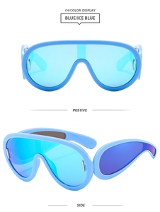 Front and side views of light blue Y2K shield sunglasses with ice blue mirror lenses
