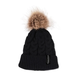 Bonnet tricoté noir pour bébé avec pompon en fausse fourrure et étiquette Freedom