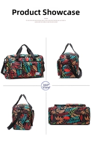 Multi-angle view of a large capacity travel bag with vibrant tropical leaf patterns