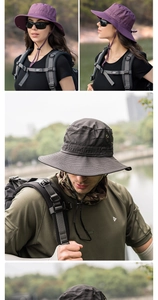 Outdoor sun hat with wide brim, side ventilation holes and adjustable windproof strap detail