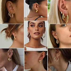 Chic 18k gold plated geometric chunky hoop earrings and ear cuffs on female model