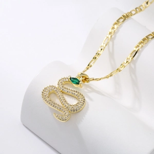 Snake Pendant Necklace Copper Gold Plated With Green Zircon Eye Luxury Figaro Chain Neckwear For Women And Men