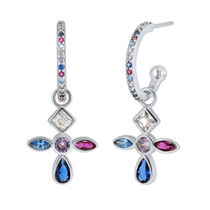 S925 sterling silver hoop earrings featuring colorful cubic zirconia cross pendants