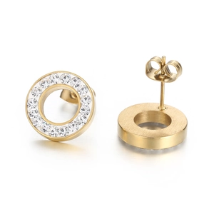 Gold stainless steel geometric round stud earrings with sparkling crystals and white enamel
