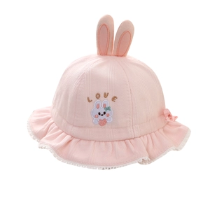 Pink baby sun hat with cute rabbit ears and lace floral embroidery detailing