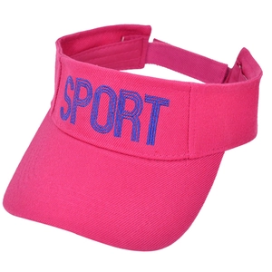 Kids rose red open top sun hat with blue SPORT embroidery and adjustable strap
