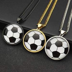 Stainless Steel Football Pendant Necklace Glass Time Gem Round Soccer Pendant Sports Jewelry With Cuban Chain For Men Women