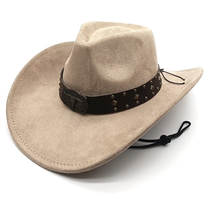 Cappello Da Cowboy Western Scamosciato Vintage Fibbia Testa Di Toro Borchie Metalliche Tesa Larga Protezione Solare Corda Regolabile