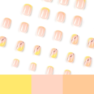 Short square false nails with yellow French lines and silver glitter powder
