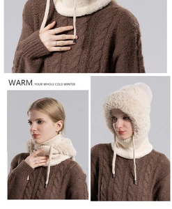 Close-up of knit hooded scarf with plush faux fur lining and adjustable drawstring cord