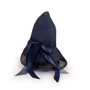 Close-up of navy straw hat featuring a mesh brim and happy printed ribbon bow