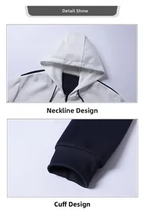 Dettaglio cappuccio bianco con cordoncino e polsini a costine blu navy su giacca sportiva