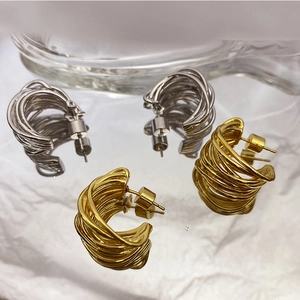 Retro C-Shaped Hoop Earrings Multi-Layer Twisted Wire Copper With 925 Sterling Silver Earring Post Gold Plated For Women