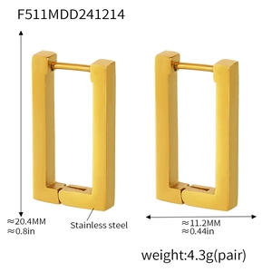 Detail showing dimensions of rectangle geometric 18K gold plated stainless steel earrings
