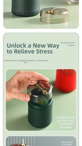 Detail showing removable lid for easy toothpick refill with textured green base