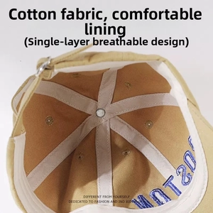 Detail view of cotton baseball cap interior showing breathable mesh and neat stitching