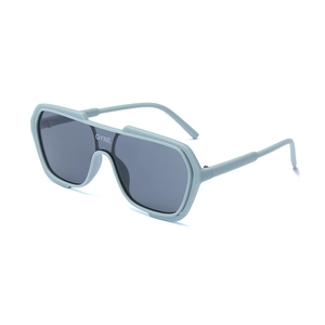 Light blue one-piece sports sunglasses with grey lenses and 45-degree side view frame