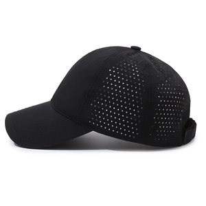 Quick-dry breathable black baseball cap with laser-cut perforations for sun protection