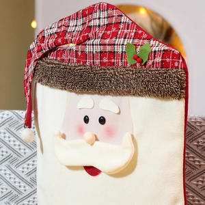 Christmas Santa Claus chair cover with red plaid and white plush trim for dining room decor