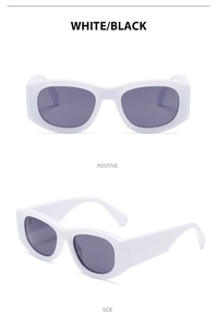 Front and side view of white chunky square sunglasses with dark grey UV400 lenses