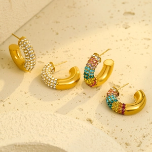 Elegant 18K gold plated stainless steel C-shaped earrings with colorful zircon stones